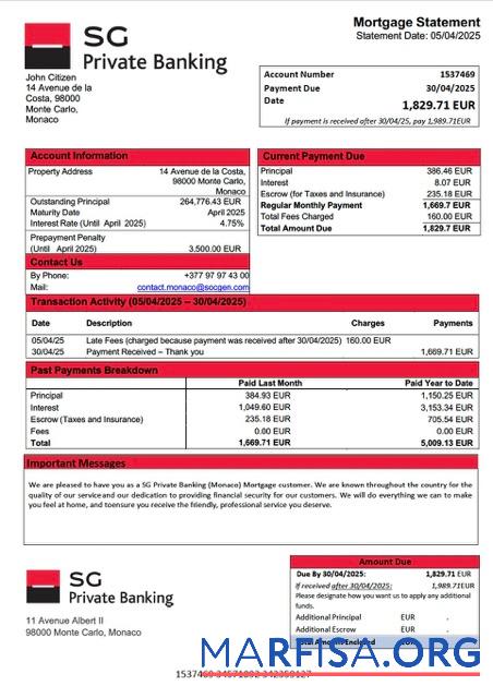 Printable Monaco SG Private Banking (Monaco) mortgage statement Word and PDF template